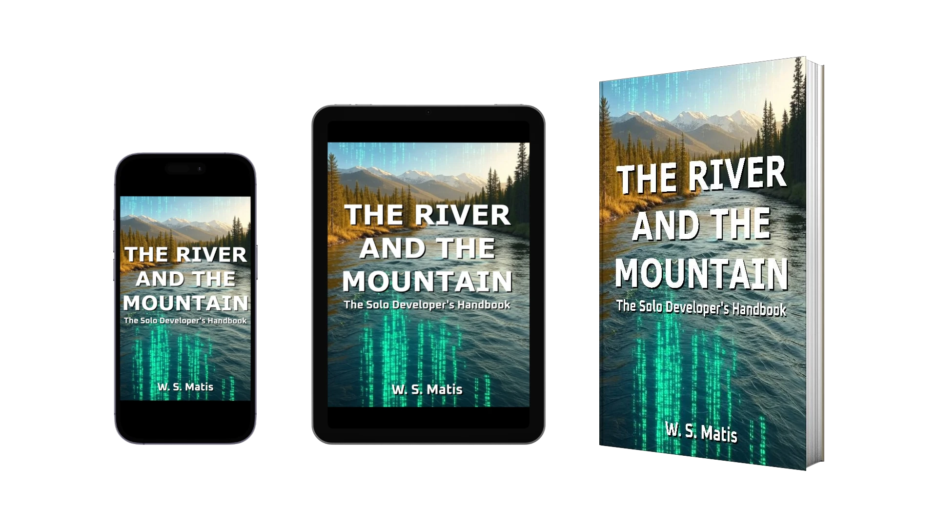 A paperback book, a tablet and a smarphone both displaying the book cover on the screen