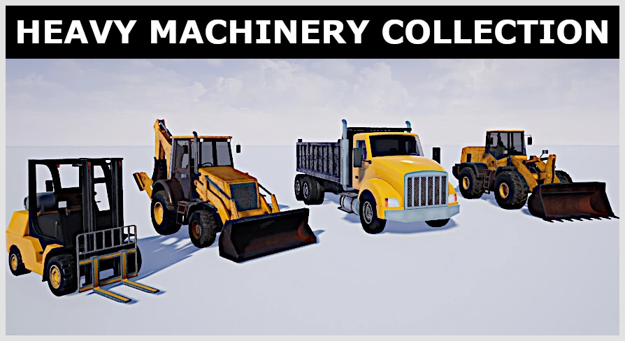 A screenshot of industrial and construction vehicles side by side taken on Unreal Engine.