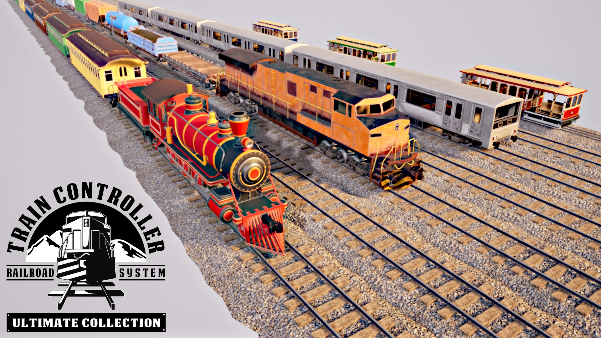 A rail yard with a freight train, steam train, subway and cable car side by side.