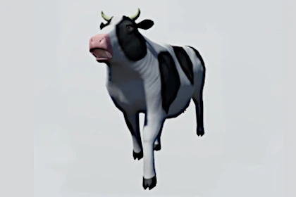 A screenshot of a low poly art style cow mooing taken on Unity 3D.