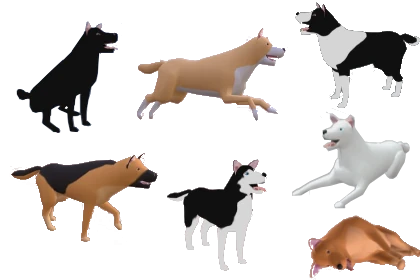 A screenshot of seven dogs from different breeds on varied poses taken on Unity 3D.