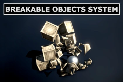 A screenshot of a rolling steel ball breaking a pile of wooden crates taken on Unity 3D.