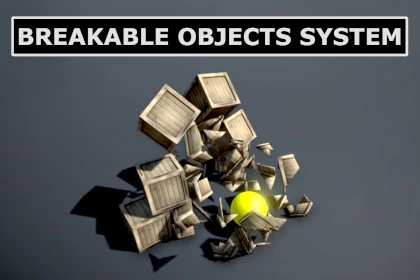 A screenshot of a rolling ball breaking a pile of wooden crates taken on Unity 3D.