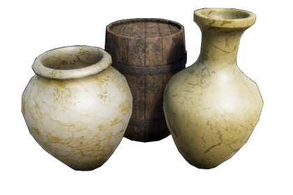 A screenshot of wooden barrel surrounded by pottery vases taken on Unity 3D.