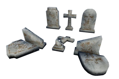 A screenshot of three broken gravestones side by side taken on Unity 3D.