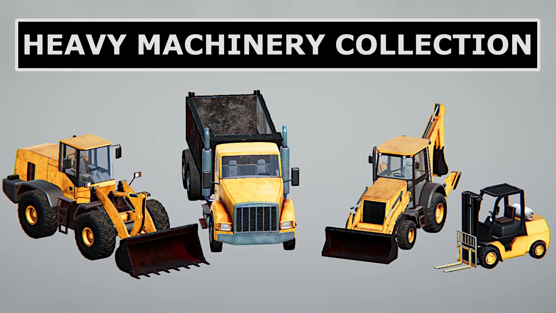 A wheel loader, dump truck, backhoe and forklift side by side.