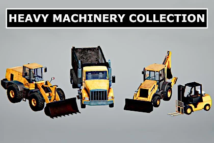 A screenshot of industrial and construction vehicles side by side taken on Unity 3D.