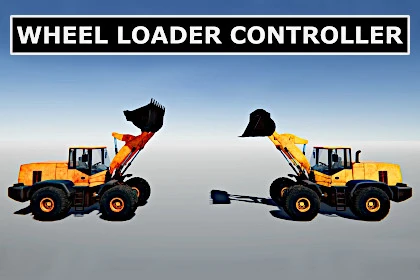 A screenshot of two wheel loaders raising the buckets taken on Unity 3D.