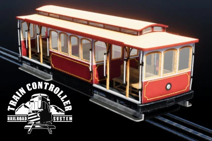 A screenshot of a red cable car tram taken on Unity 3D.