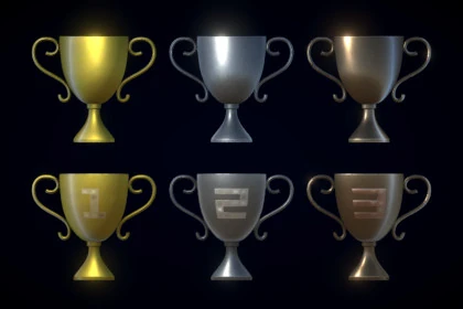 A screenshot of a gold, silver and a bronze trophies side by side taken on Unity 3D.